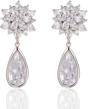 Elegant Rhodium Plated Prong CZ Women Engagement Party Drop Earrings Clear New - £45.61 GBP