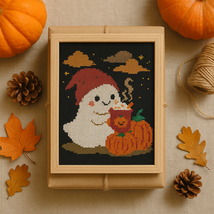 Cute Ghost on Pumpkin Cross Stitch Pattern – Halloween Cozy Latte Embroi... - $91.17 MXN