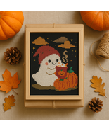 Cute Ghost on Pumpkin Cross Stitch Pattern – Halloween Cozy Latte Embroi... - $91.17 MXN