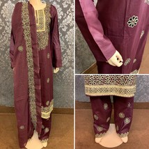 Pakistani Dark Brown Straight Shirt 3-PC Lawn Suit w/ Threadwork ,X-Large - $86.13
