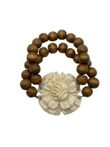 Craved Flower Cream Color Double Brown Wood Beaded Stretch Bracelet - £9.44 GBP