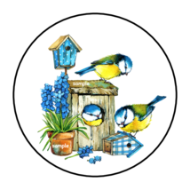 BIRDS IN BIRD HOUSE ENVELOPE SEALS STICKERS LABELS TAGS 1.5&quot; ROUND FLORA... - $1.99