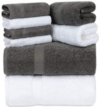 Luxury Grey White Bath Towel Set of 8 Pcs Combed Cotton Hotel Quality Absorbent - $42.08