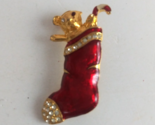 Vintage Jeweled Gold Tone Teddy Bear In Red Stocking Christmas Lapel Hat... - $6.31