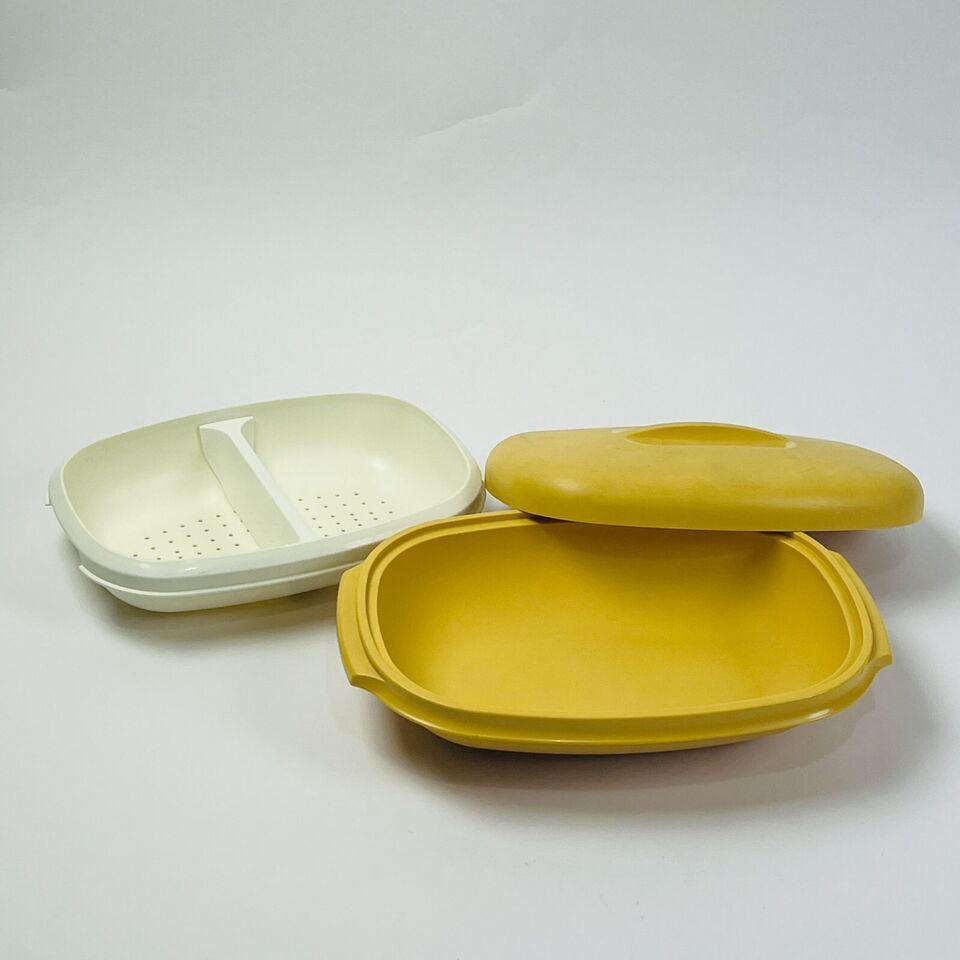 Vintage Tupperware Gold Vegetable Rice Steamer Strainer Server 3 Piece 1... - $14.24