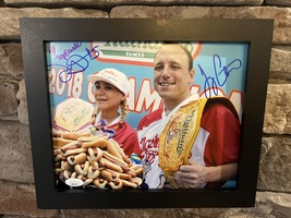 Autographed Joey Chestnut &amp; Miki Sudo Nathan’s Hotdog champs 8x10 framed JSA COA - £157.53 GBP