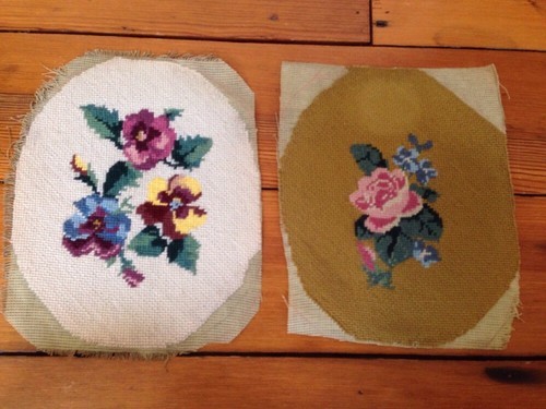 Pair Antique Vintage Hand Embroidered Floral Violets Needlepoint Seat Co... - £27.79 GBP