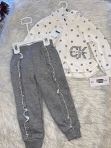 Calvin Klein Girls 2 Pc White Top Silver Logo Gray Pants Sz 24M New - £46.89 GBP