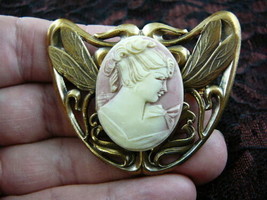 (cm15-11) Lady Woman with bow on shoulder pink + ivory CAMEO Pin Pendant brooch - £26.06 GBP