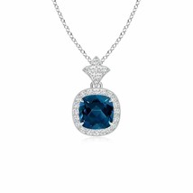 Authenticity Guarantee 
Cushion London Blue Topaz Halo Pendant Necklace in 14... - £774.83 GBP