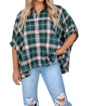 Day + Moon plaid oversized button up top in Green Check - size S - $36.63