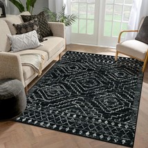 Moroccan Washable Area Rug 5X7,Black Large Rug For Living Room,Non-Shedding Bohe - £101.51 GBP