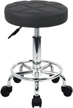 Round Rolling Stool with Footrest PU Leather Height Adjustable 360 Swive... - $50.39