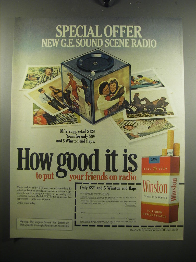 1972 Winston Cigarettes Ad - Special Offer New G.E. Sound Scene Radio - $18.49