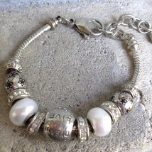 Bella Perlina Silver Tone Charm Bracelet Live Love Dream Faux Pearls Crystals - £30.24 GBP