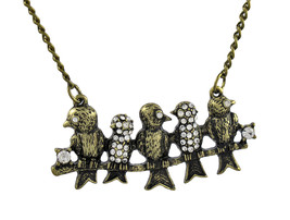 Antiqued Brass Finish Rhinestone Accented Birds on a Wire Necklace 20 Inch - £11.19 GBP