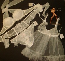 Victoria&#39;s Secret 32B Bra Set+Garter Belt+Babydoll White Embroidered Bridal I Do - £135.38 GBP