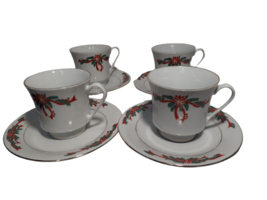 Vintage Fine China Tea Mugs Poinsettia And Ribbons &amp; Saucers 4 Count - $15.52