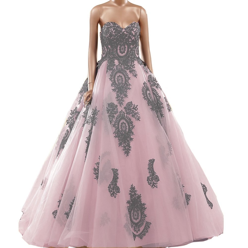 Kivary Gothic Black Lace Tulle Ball Gown Sweetheart Long Corset Prom Evening Dre