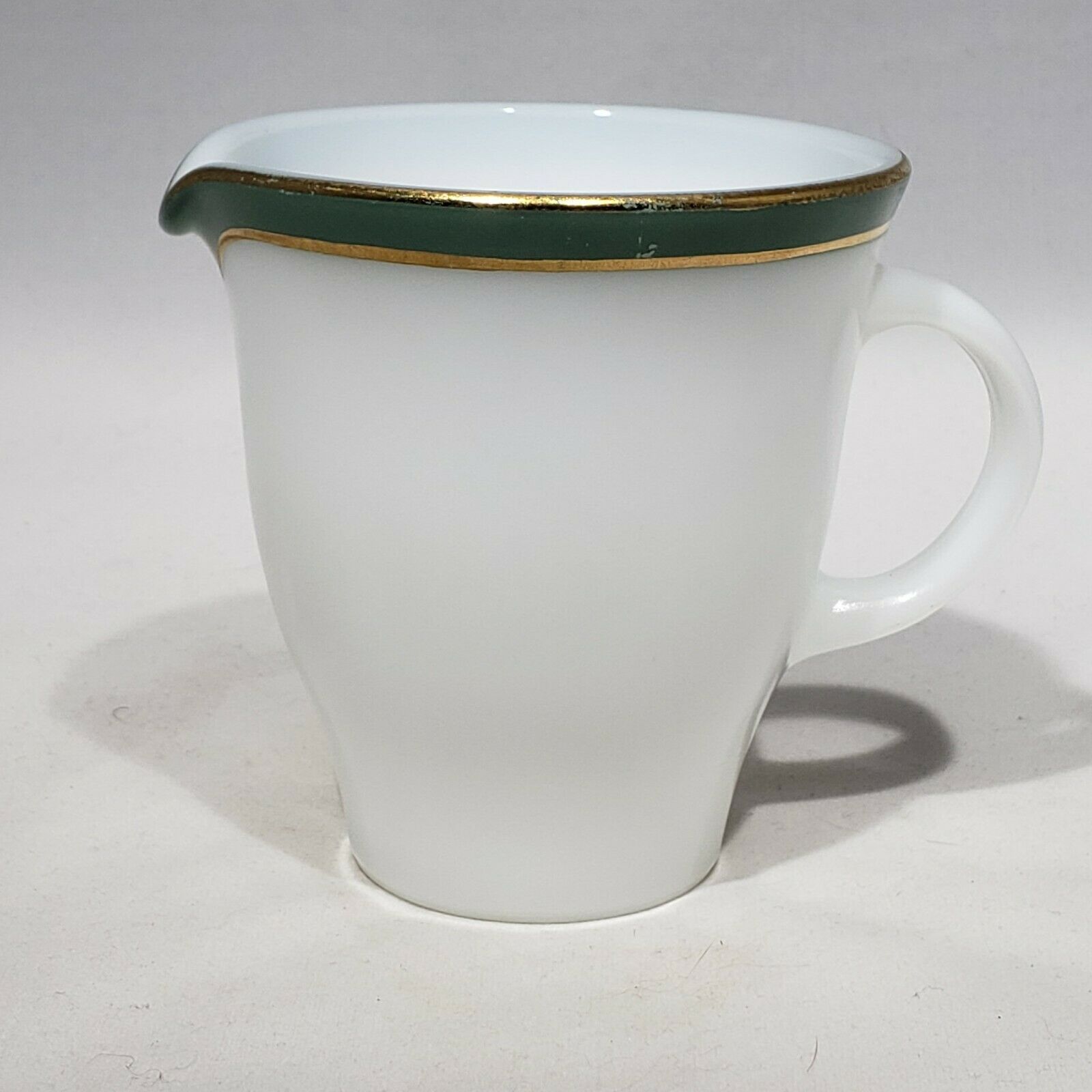 Pyrex Green Band Gold Stripe White Milk Glass Creamer Replacement 3.75" high EUC - $12.95