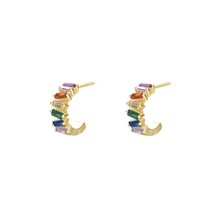 Multicolor Baguette C Shape Multi Gems Birthstone Sterling Silver Stud Earrings - £36.38 GBP