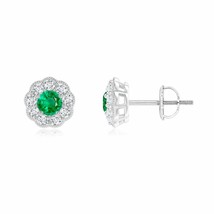 Natural Emerald Round Earrings with Diamond Halo in 14K Gold (Grade-AAA , 3.5MM) - £861.64 GBP