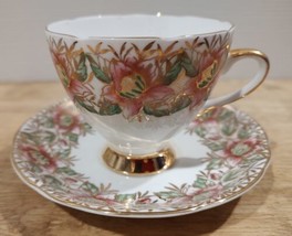 GLADSTONE BONE CHINA TEA CUP AND SAUCER - PINK FLOWERS W/ GOLD - MADE IN... - £19.02 GBP