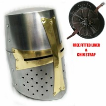 Medieval Knight Armor Crusader Templar Helmet Helm w/ Mason&#39;s Brass Cros... - £56.37 GBP