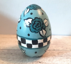 Hand Painted Teal Aqua Blue Rose Wood Easter Egg Mackenzie Style Checkered - £20.17 GBP
