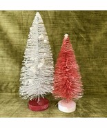 Set of 2 Glitter Bottle Brush Trees with Wood Bases Pink &amp; White 10” 13” - $27.23 CAD