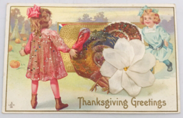 Antique 1911 LSC Thanksgiving Greetings Turkey Embossed w/Cloth &amp; Beads Postcard - £12.65 GBP