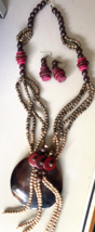 Vintage Wooden Beaded Statement Necklace &amp; Earring Set Brown Beige Red - £39.55 GBP