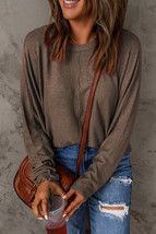 Brown Fiery Solid Color Patchwork Long Sleeve Top - $13.27