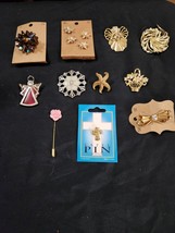 Lot of 14 Unique Brooches Pins:  Bows, Cross, Flowers, Angel&#39;s, Basket - $34.38 CAD