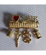 Vintage AJC I Love Quilting Dangle Brooch Pin - Thimble, scissors, threa... - $10.19 CAD