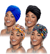 4 Pieces African Pattern Headwrap Pre-Tied Bonnet Turban Knot Beanie Cap - £20.03 GBP