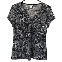 Christopher &amp; Banks Blouse Large Black White Tropical Abstract Floral Polyester - £6.50 GBP