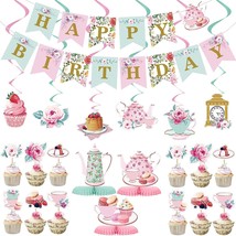 40 Pieces Floral Tea Party Decorations Floral Birthday Banner Teapot Birthday De - £22.13 GBP