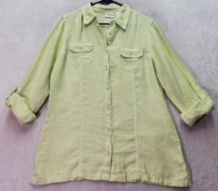 Chico&#39;s Shirt Women Size 1 Green Gingham Check Linen Roll Tab Sleeve Button Down - £17.68 GBP