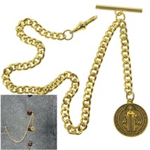 Albert Chain Gold Color Pocket Watch Chain St. Benedict Medal Fob Swivel Clasp - £13.57 GBP