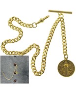 Albert Chain Gold Color Pocket Watch Chain St. Benedict Medal Fob Swivel... - $322.64 MXN