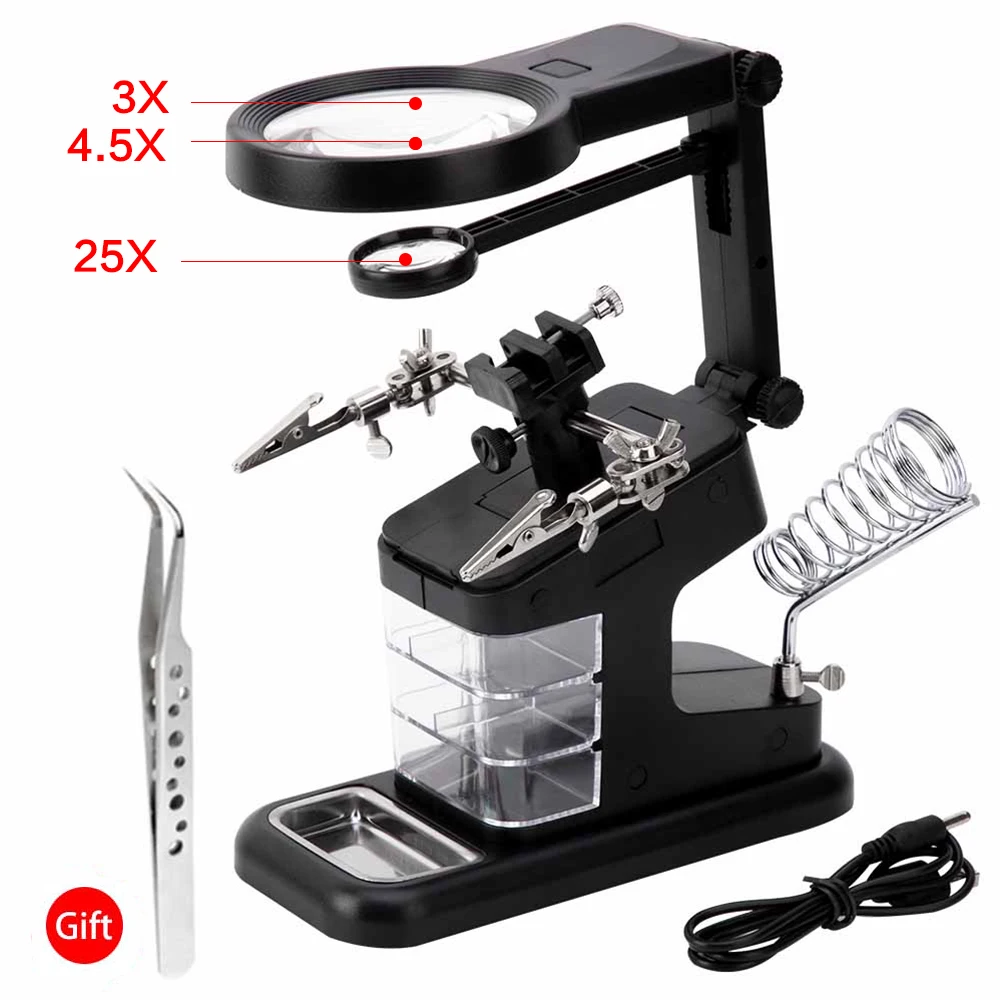 3X 4.5X 25X Helping Hand Soldering s Stand Clip LED Light With 3 Tools Boxes Mag - £294.09 GBP