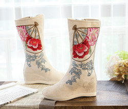 New Retro Autumn Women Cotton Fabric Embroidered Mid Calf Boots 31cm High 6.5cm  - £82.90 GBP