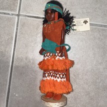 Vintage Indian Indien Art Eskimo Sleepy Eye Doll Figure 7 1/2&quot; Orange Dress - £7.91 GBP