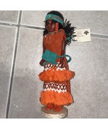Vintage Indian Indien Art Eskimo Sleepy Eye Doll Figure 7 1/2&quot; Orange Dress - £7.76 GBP