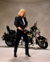 Priscilla Presley in black leather posing by motorbike 16x20 Canvas Giclee - £55.96 GBP