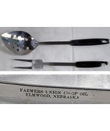 Vtg Farmers Union Co-Op Oil Elmwood NE Slotted Spoon + Large Fork Stainl... - $29.65