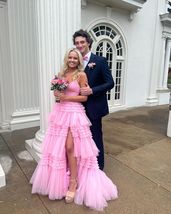 Fairy Ball Gown V Neck Pink Tulle Prom Dresses with Slit Graduation Dress - £158.27 GBP
