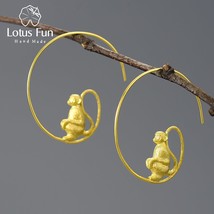 Gold Cute Long-Tailed Monkey Big Round Hoop Earrings for Women Real 925 Sterling - £74.15 GBP