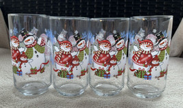 4 LIBBEY Christmas Snowmen SNOWMAN Tumblers Glasses Presents &amp; Snowflakes - $33.99